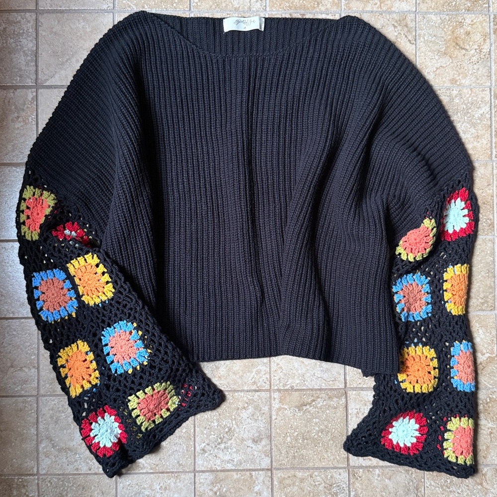 Black Crewneck Sweater with Multicolor Crochet Bell Sleeves